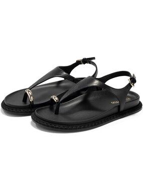 Women's Black Summer Comfortable T Strap Ring Toe Ankle Strap Beach Flat Sandals